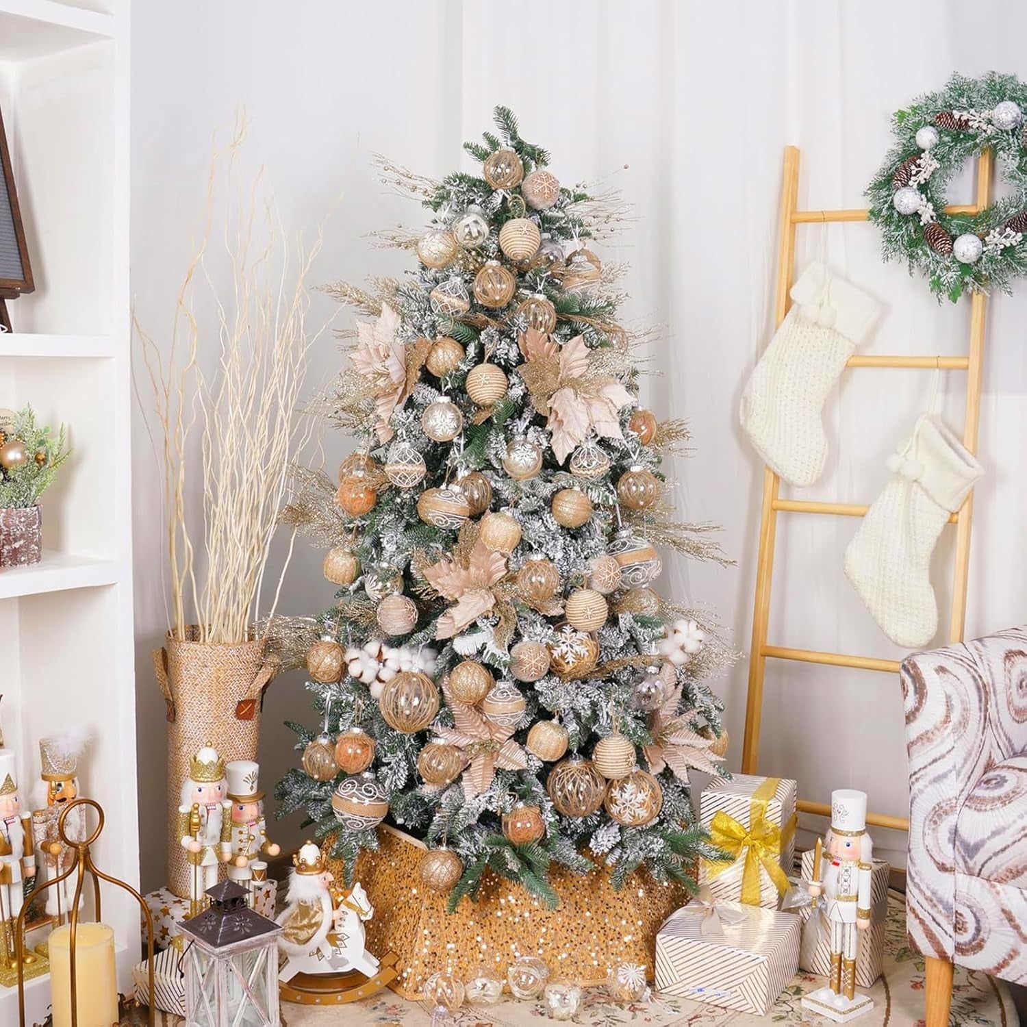 Christmas Ball Ornaments Set, Farmhouse Shatterproof Christmastree Decorations,12Ct Large Plastic Hanging Ornaments, 70Mm/2.76",Flaxen